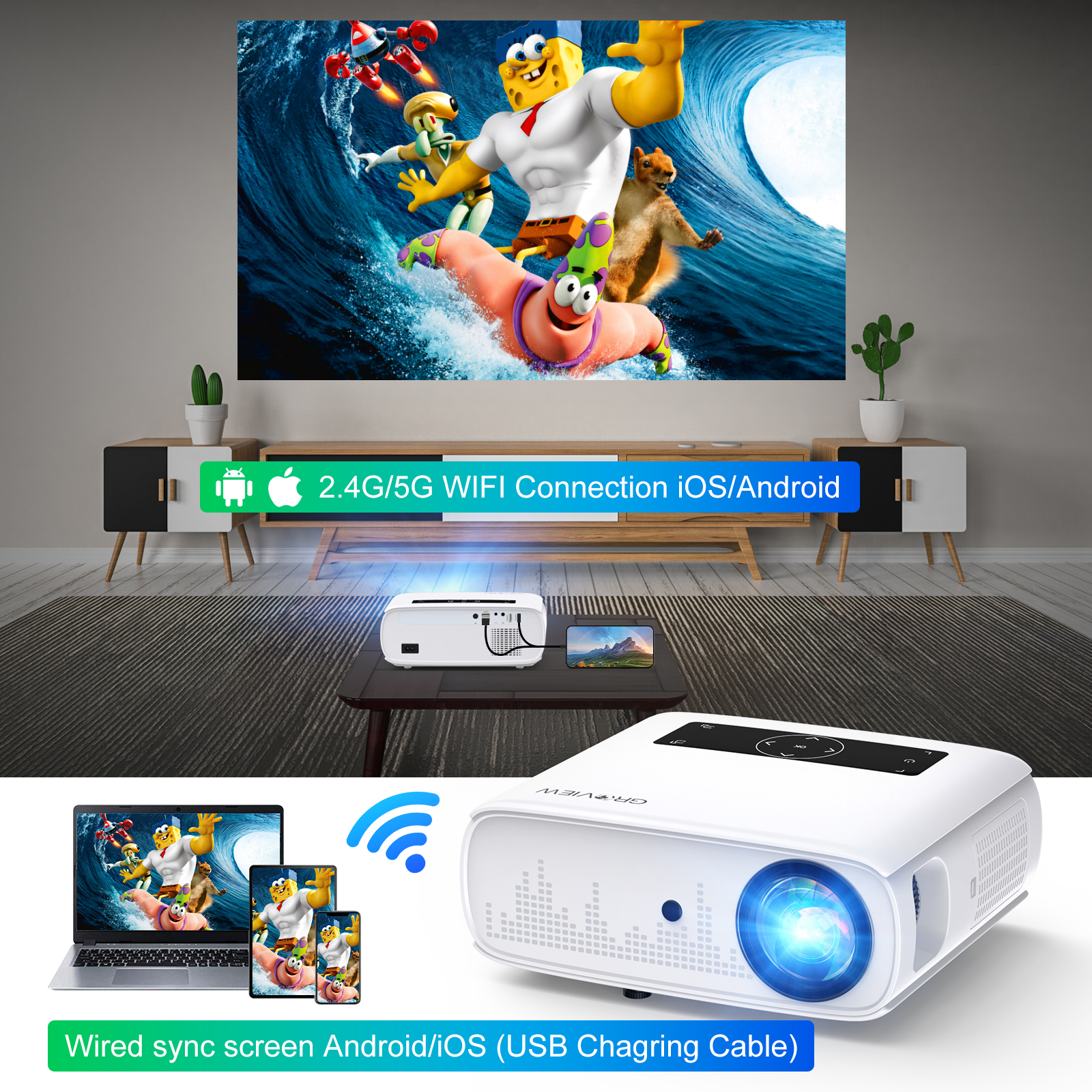 Groview 5G/2.4G WiFi Bluetooth Projector, 12000 Lux Native 1080P Projector  with 100 Projector Screen, 4K Supported Outdoor Movie Projector, Home  Theater Projector Compatible with iOS/Android 