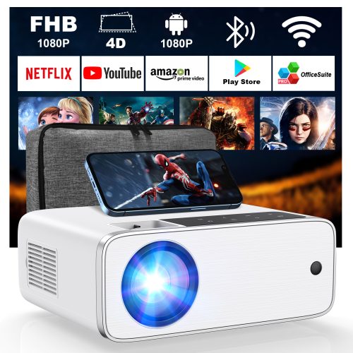 GROVIEW Smart Projector 4K Supported - 9500 Lux 1080P FHD Outdoor Movie Projector with WiFi Bluetooth, APP Control, 4D Correction, AndroidTV 9.0, Office-Software, Portable Projector for Home Theater