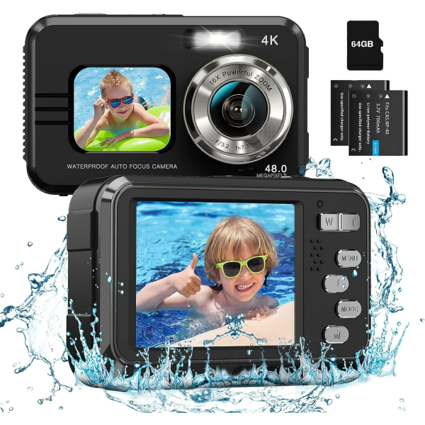 Waterproof Camera Underwater Camera 64GB Card Included Dual Screens Action Selfie 48MP 16X Digital Zoom Digital Camera Fill Light 11FT Underwater Camera for Snorkeling Kids with 2 Batteries