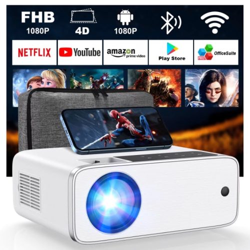 Groview WiFi Bluetooth Projector, 12000 Lux Native 1080P Projector, Android TV 9.0 Outdoor Movie Projector with 100" Screen, Home Theater Projector for Phone/PC/TV Stick